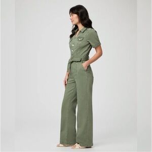 Paige Brooklyn Jumpsuit Vintage Ivy Green Denim Stretch Wide Leg Short Sleeve 0